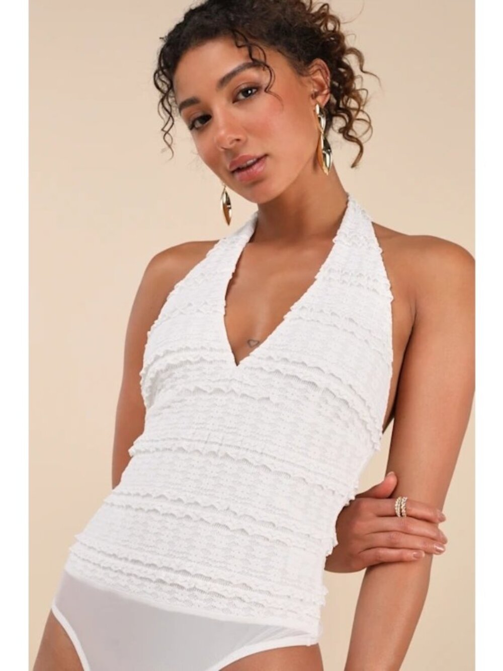 NWT Lulus Lorna Lace Halter Neck Bodysuit White Size Small
